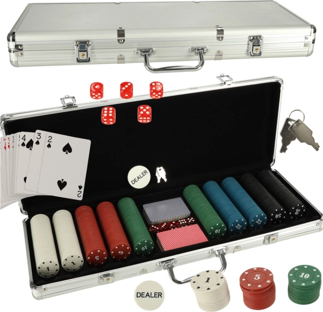 Pokerset im silbernen Koffer mit 500 Chips und 2 Kartendecks