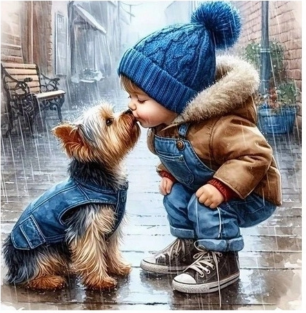Diamantmosaik Junge und Hund York, Kuss im Regen