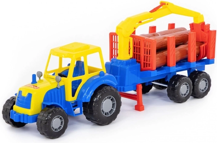 Kinder-Forsttraktor mit Anhänger und Baumstämmen