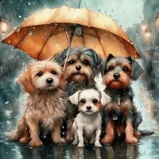 Diamantmosaik - Hundefamilie unter dem Regenschirm