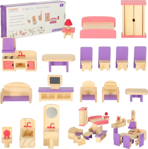 Holzmöbel für Puppenhaus, lila, 19 Teile