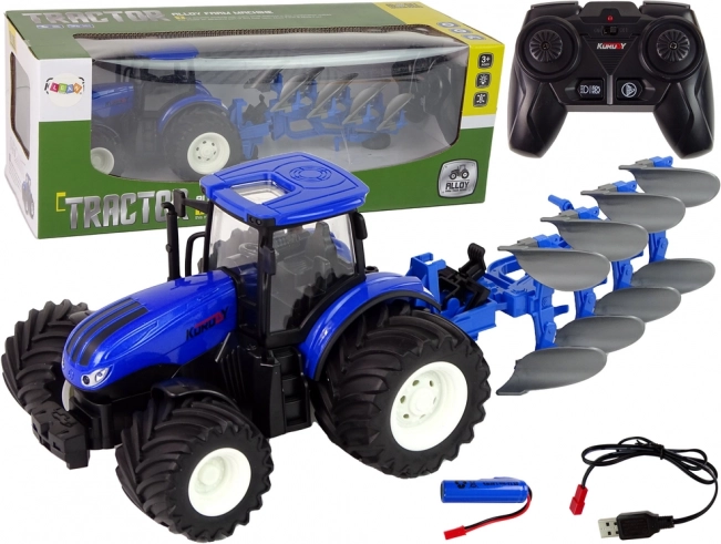 RC-Traktor 1:24 mit Metallkarosserie und Pflug – blau