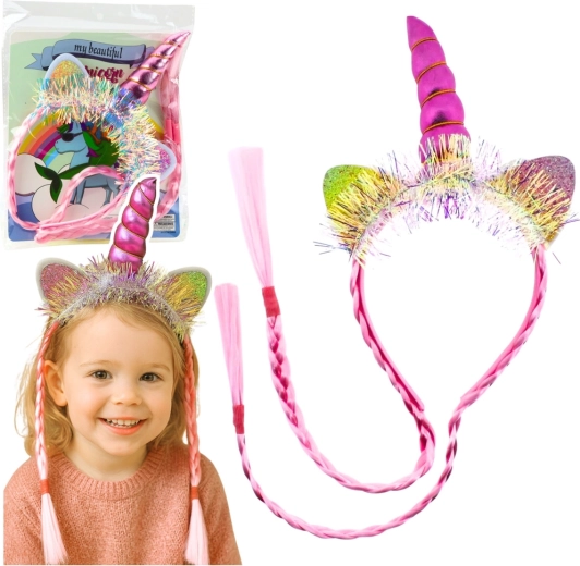 Rosa Einhorn-Stirnband mit Horn, Ohren und Zöpfen