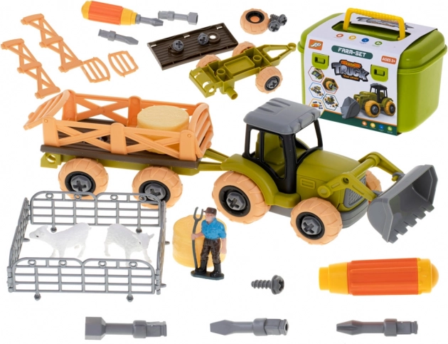 Bauernhoftraktor zum Auseinanderbauen mit Werkzeug und Tieren