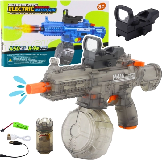 Elektrische Wasserpistole M416 mit beleuchtetem Visier, 450 ml, Reichweite 8–10 m