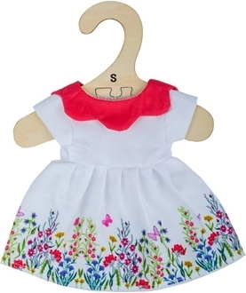 Weißes Blumen-Kleid mit rotem Kragen für Puppe 25 cm