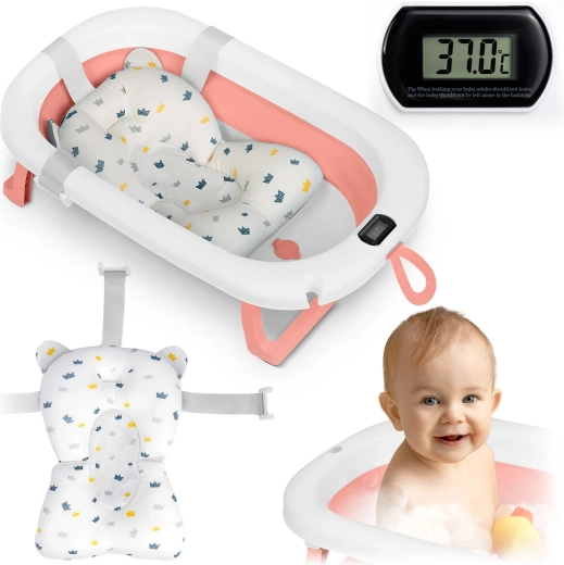 Faltbare Babybadewanne mit Thermometer und Einlage, rosa‑weiß