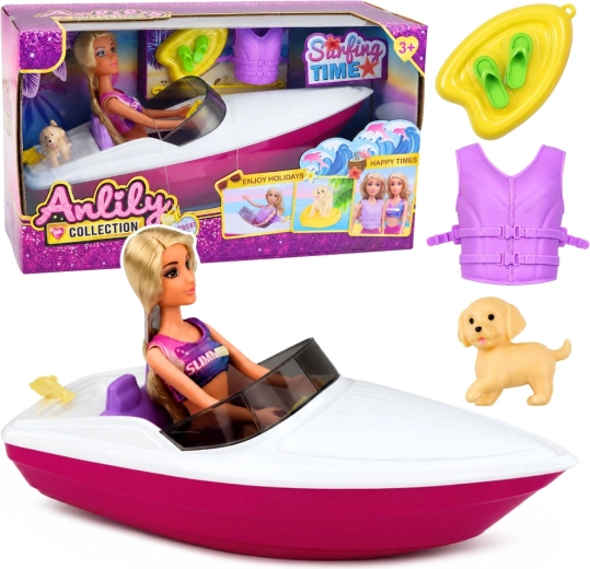 Anlily-Puppe mit Motorboot und Welpe – Set mit Zubehör