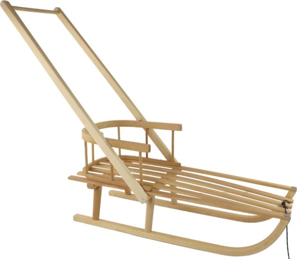 Holzschlitten mit Rückenlehne und Schiebestange, groß