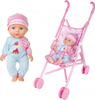 Babypuppe mit Geräuschen und Kinderwagen 27 cm – tschechische Verpackung