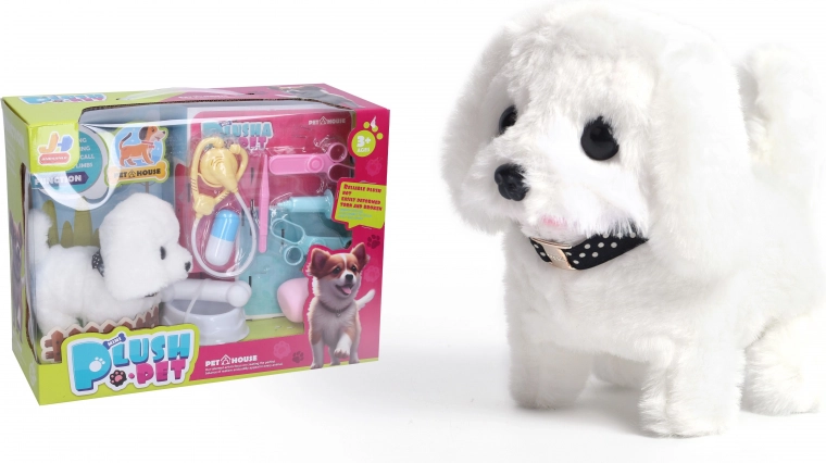 Gehender weißer Plüschhund 15 cm