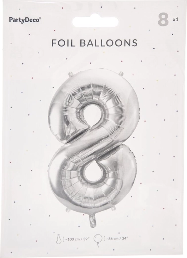 Silberner Folienballon Zahl 8, 86 cm