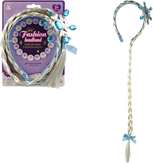 Karnevals-Beauty-Set – Haarreif mit langem blondem Zopf und blauer Schneeflocke