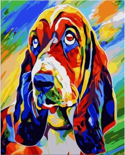 Bild zum Malen nach Zahlen auf Keilrahmen 40 × 50 cm – Basset Hound (bunter Hund)