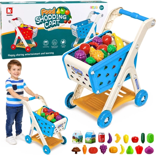 Kinder-Einkaufswagen mit Lebensmitteln und Zubehör, blau (26 Teile) – 1 Stück