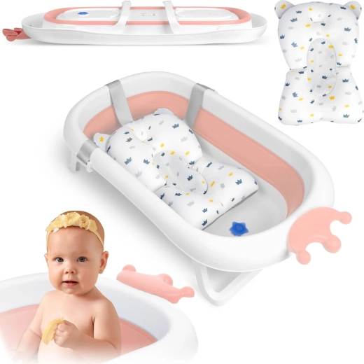 Faltbare Babybadewanne mit Kissen, Weiß/Rosa