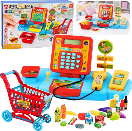 Interaktive Kinder-Supermarktkasse mit Einkaufswagen, Scanner und Waage