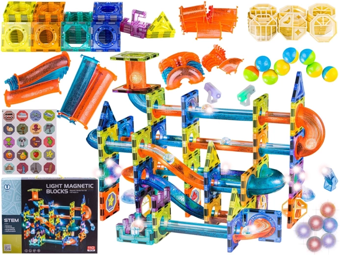 Leuchtende magnetische Bausteine – Kugelbahn mit 110 Teilen