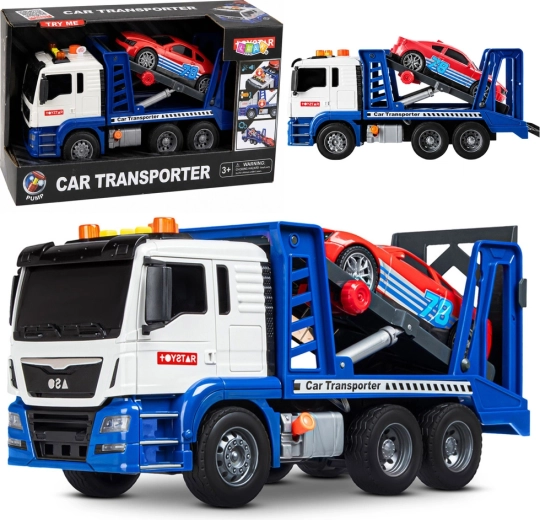 Spielzeug-Autotransporter (Abschleppwagen) mit Sportwagen, Licht und Sound, blau-weiß - 1 Stück