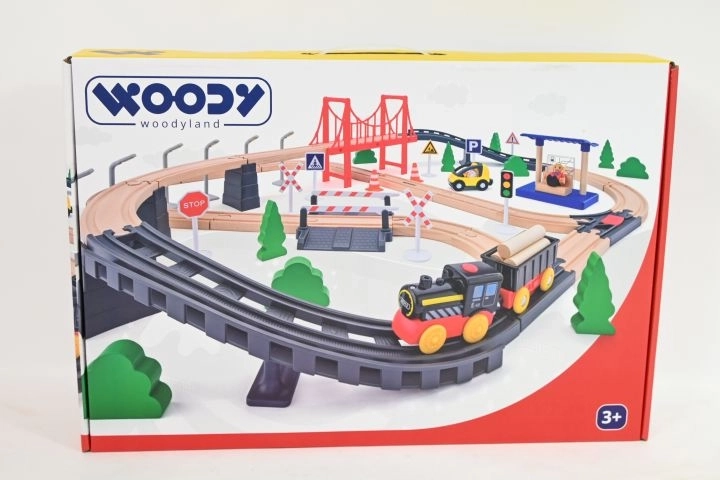 Woodyland Holz-Eisenbahnset mit elektrischer Lokomotive und Brücke