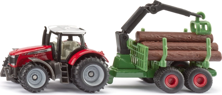 Siku Traktor Massey Ferguson mit Forstanhänger und Holzstämmen