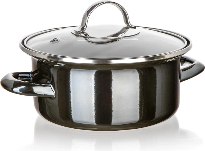 Emaille-Topf mit Glasdeckel 18 cm Metallic Black, 1,3 l