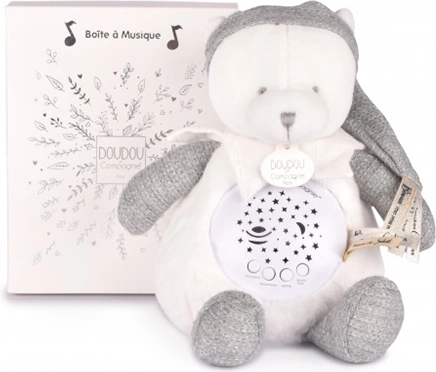 Doudou et Compagnie Musik-Nachtlicht mit Sternprojektion, Teddybär grau – Geschenkset