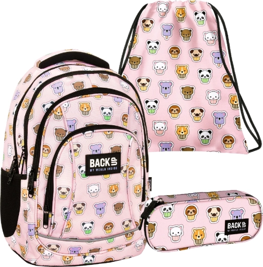 Schulset BackUP Muffins Animals 3-in-1 – Rucksack, Federmäppchen und Turnbeutel