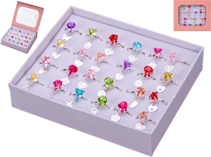 Set aus Kinder-Ringen mit Anhängern und Steinchen, 24 Stk.