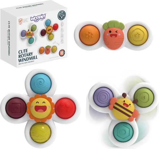 WOOPIE sensorische Kinder-Spinner 3-in-1 mit Saugnäpfen – Sonne, Biene und Möhre