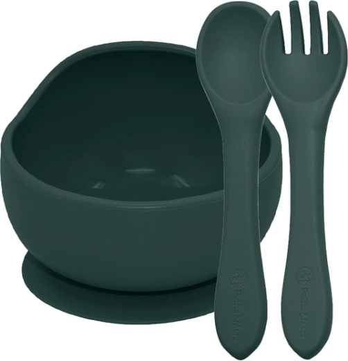 Petite&Mars Silikon-Essset Take&Match Misty Green – Schüssel mit Saugnapf und Besteck 6m+