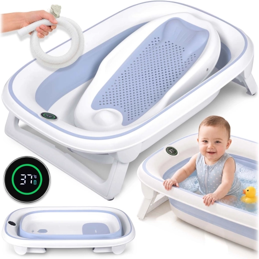 Faltbare Babybadewanne Nukido mit Thermometer und Neugeboreneneinsatz, weiß-blau