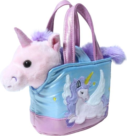 Rosa Plüsch-Einhorn in Erdbeertäschchen, 15 cm