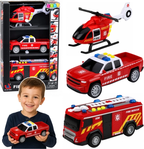 Set mit 3 Feuerwehrfahrzeugen Fire rescue 1:32 mit Licht- und Soundeffekten