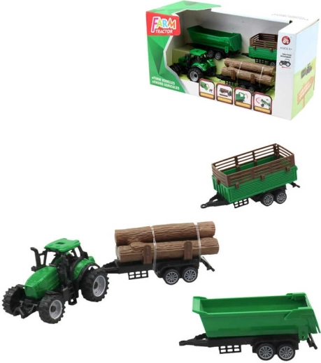 Grüner Traktor mit 3 Anhängern und Holzstämmen – Spielset