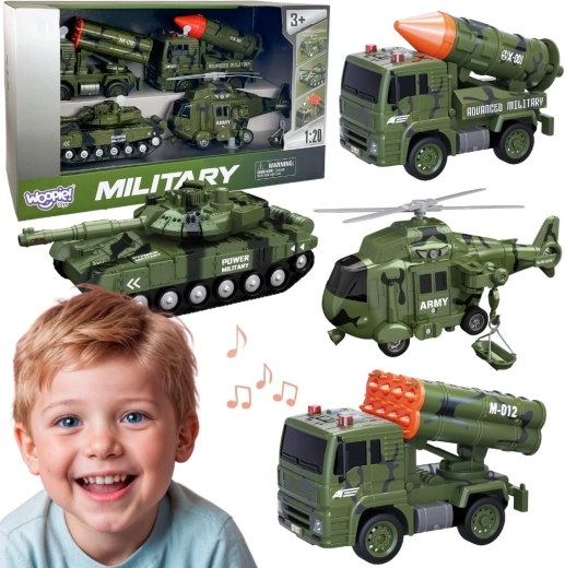 WOOPIE Set Militärfahrzeuge mit Raketenwerfern, Panzer und Hubschrauber, 4-tlg., Maßstab 1:20