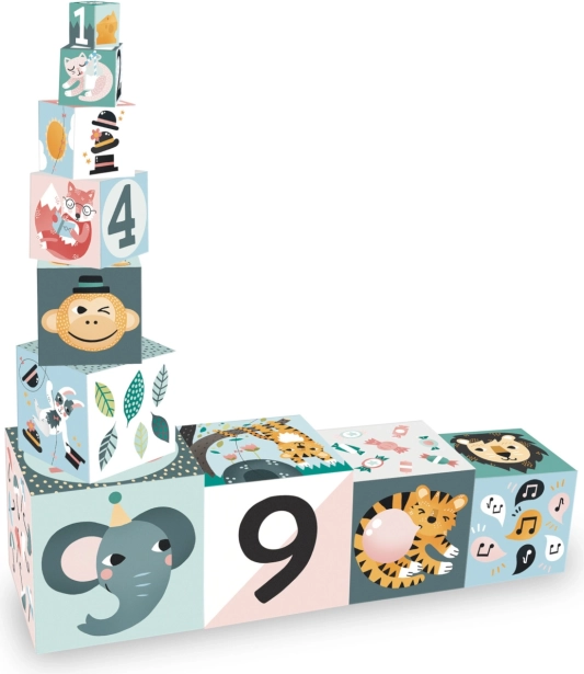 Zusammenklappbarer Turm aus Blöcken mit Illustrationen von Michelle Carlslund