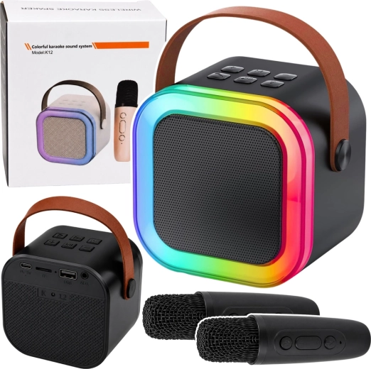Kabelloses Karaoke-Set K12 – Bluetooth-Lautsprecher mit zwei Mikrofonen und LED-Lichtern (schwarz)
