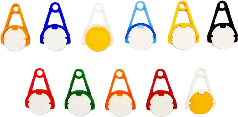 Schlüsselanhänger mit Einkaufswagenchip – Farbmix, 5 Stk.