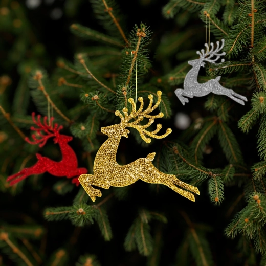 Glitzernder Weihnachtsschmuck Rentier, 12 cm, rot/gold/silber - 1 Stück