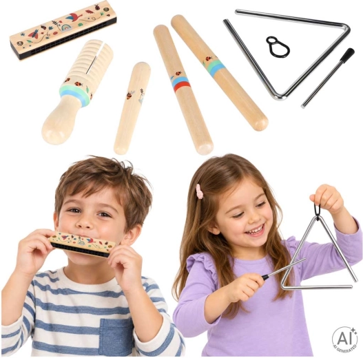 Holz-Musikinstrumente für Kinder – Set (Triangel, Rhythmusstäbe, Mundharmonika, Guiro)