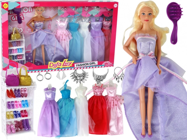 Modepuppe 30 cm mit langen blonden Haaren – Kleiderschrank, Schuhe und Zubehör