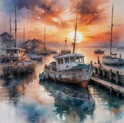 Diamantmalerei Schiff im Hafen 30 × 40 cm