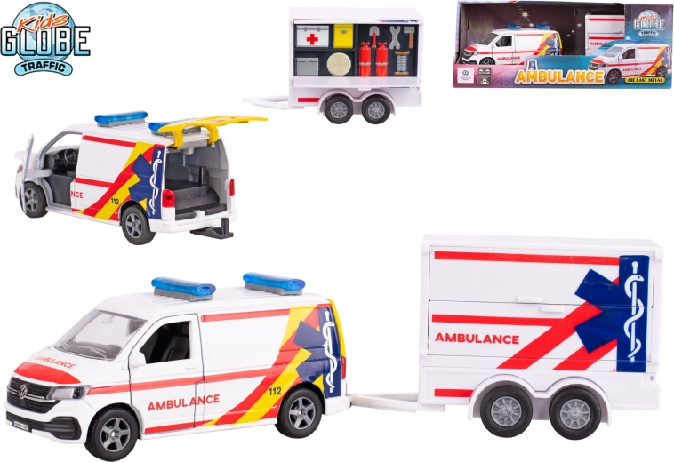 Kids Globe Traffic Rettungswagen VW Transporter mit Anhänger 1:16