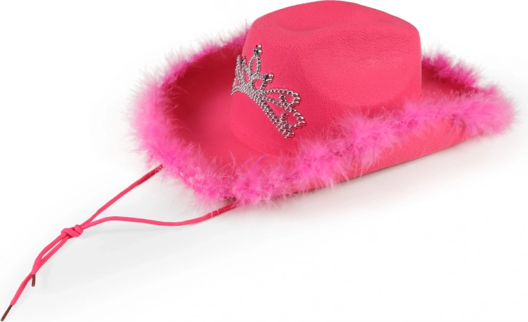 Pinker Damen-Cowboyhut mit Tiara und Federbesatz