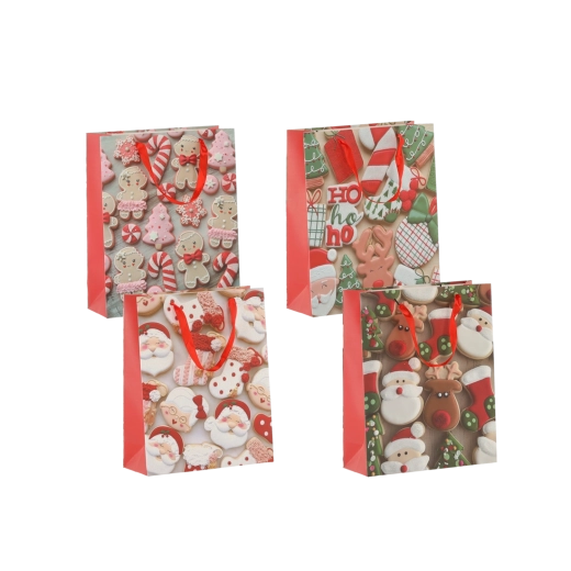 Weihnachtliche Geschenktüten mit Plätzchenmotiv 18 × 24 × 8 cm, rote Bänder, Set mit 12 Stück