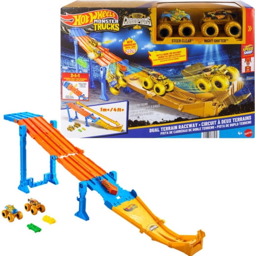 Hot Wheels Monster Trucks 2-in-1 Rennbahn Dual Terrain Raceway + 2 Monster Trucks