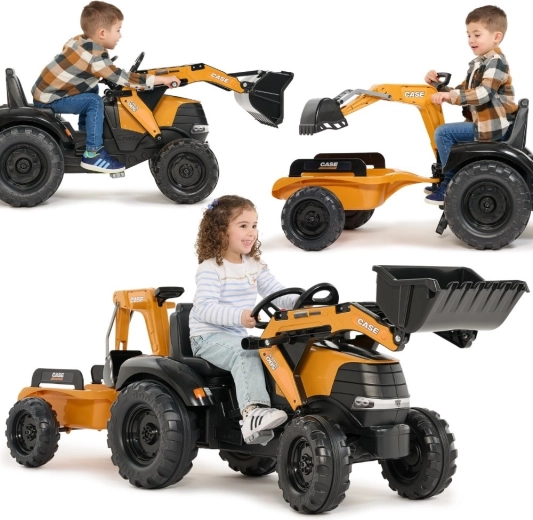 Trettraktor CASE mit Frontlader, Heckbagger und Anhänger für Kinder von 3–7 Jahren