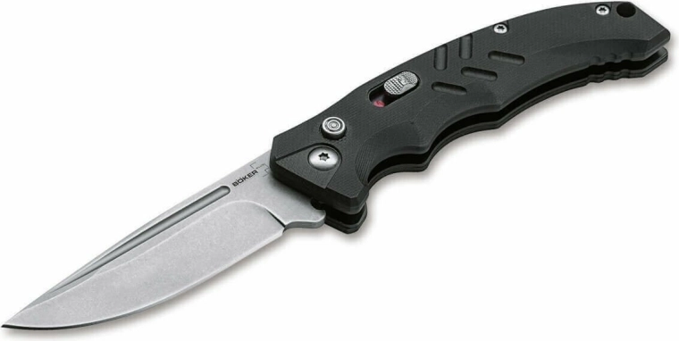 Böker Plus Intention II Black automatisches taktisches Messer 8 cm mit Stonewash-Finish und G10-Griff