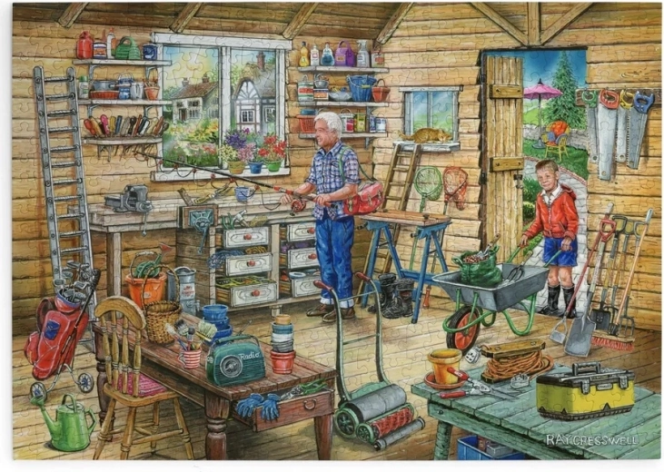 Detailreiches Motiv einer Gartenschuppen-Werkstatt